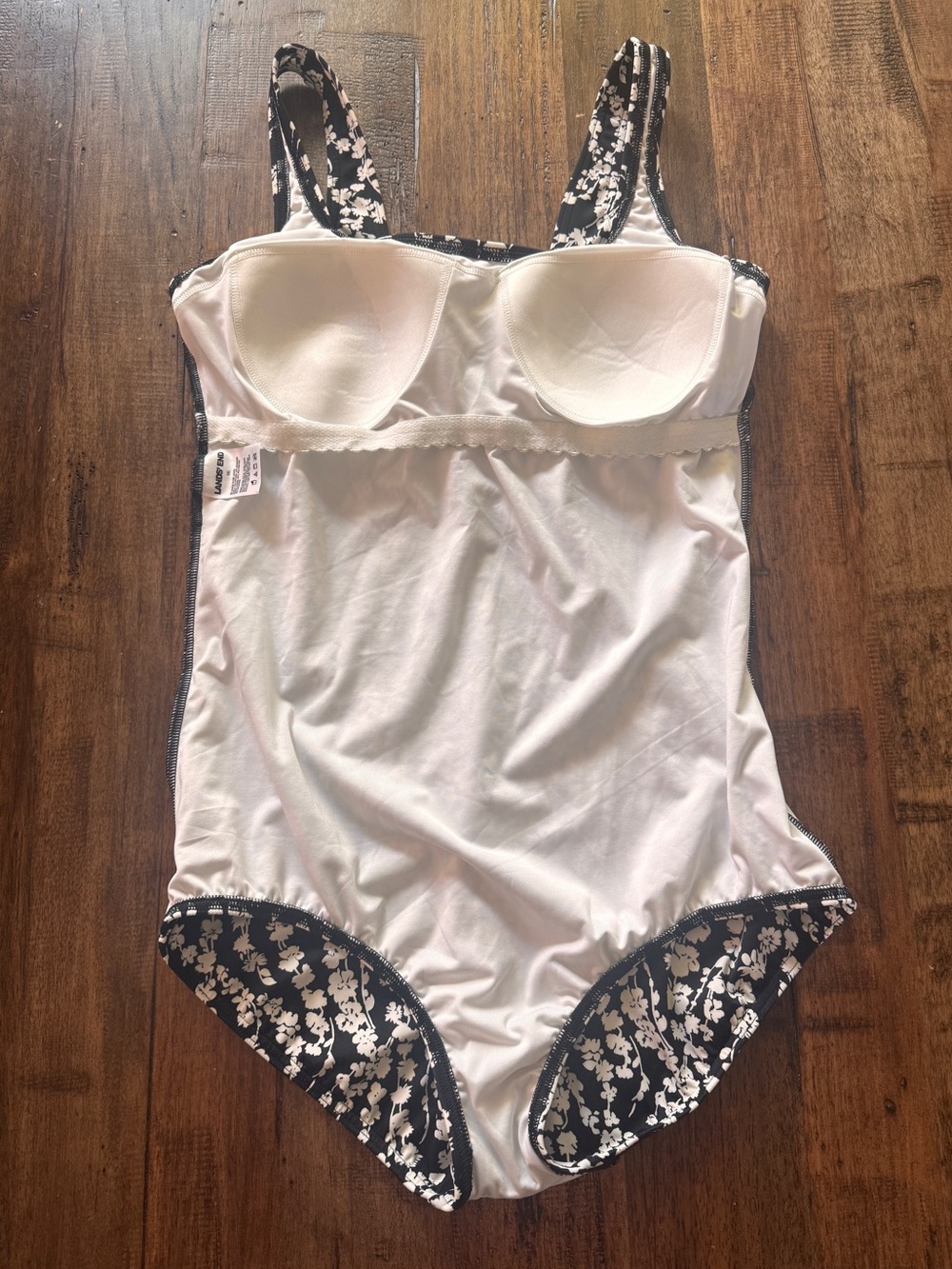 Lands End One Piece Swimsuit 12L Black White Floral Underwire Tummy Control - Picture 7 of 12